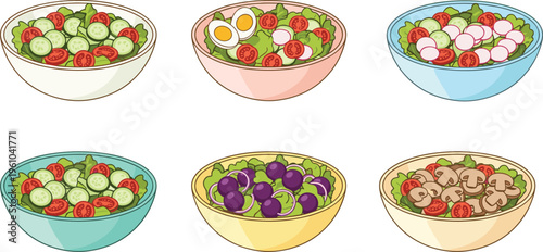 Healthy salad bowl vector illustration featuring fresh vegetables, eggs, grapes, mushrooms, and colorful nutritious ingredients