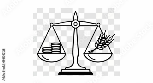 Balance scale with coins on one side and wheat on the other