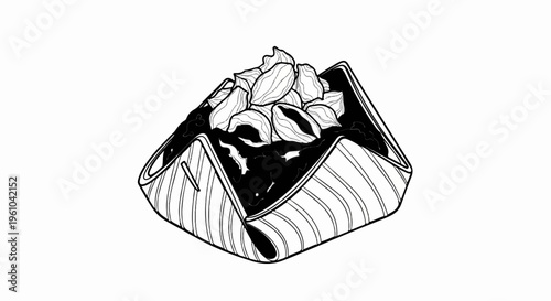 Black and white illustration of a folded pastry filled with a dark substance and topped with nuts
