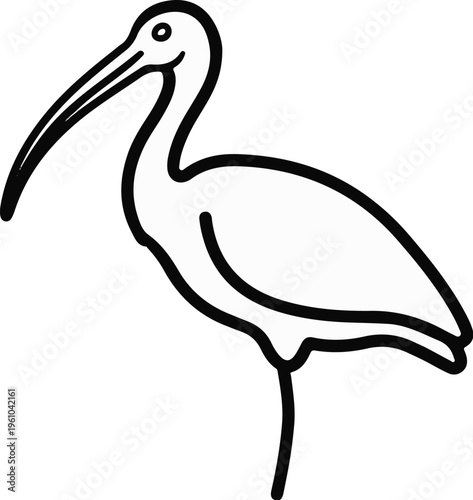 Black and white illustration of a wading bird with a long, curved beak