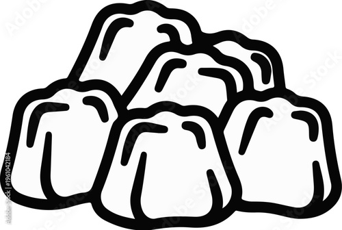 Black and white outline drawing of a pile of jiggly desserts