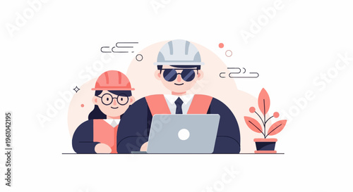 Diverse engineers collaborate on a project using a laptop and a potted plant