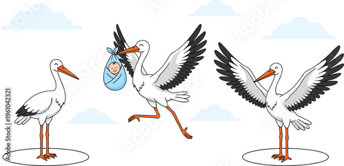 Set of cartoon stork illustrations flying and carrying a newborn baby in a bundle for birth announcements and baby showers