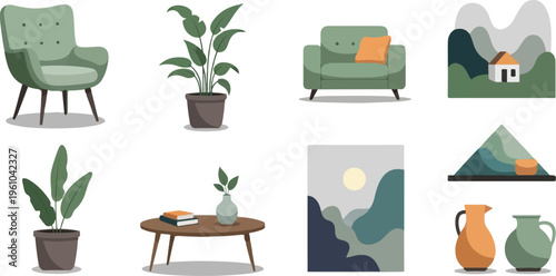 Eight simple, stylized illustrations of home decor and nature scenes