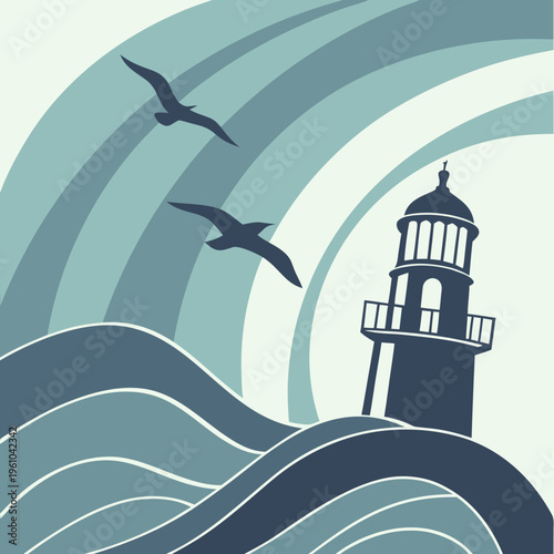 A lighthouse with two birds flying overhead