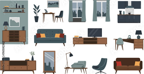 Assortment of retro-modern interior furnishings and decor items