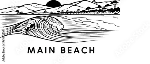 Black and white graphic of a breaking wave, sandy beach, rolling hills, trees, and sun
