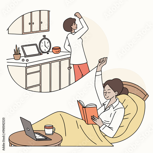 Woman reading a book in bed with a laptop and coffee nearby