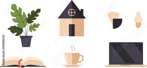 Cozy home workspace with plants, book, hot drink, and laptop