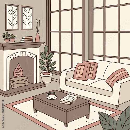 Cozy living room with sofa and fireplace