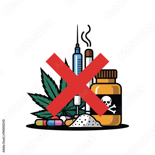 No Drugs Concept Illustration with Crossed Out Narcotics and Cannabis Warning Symbol