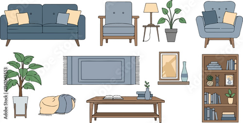 Cozy living room items sofa, chairs, rug, plants, lamp, and bookshelf