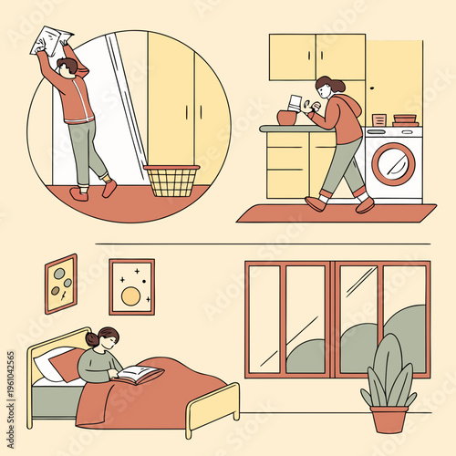 A woman doing various household chores and relaxing