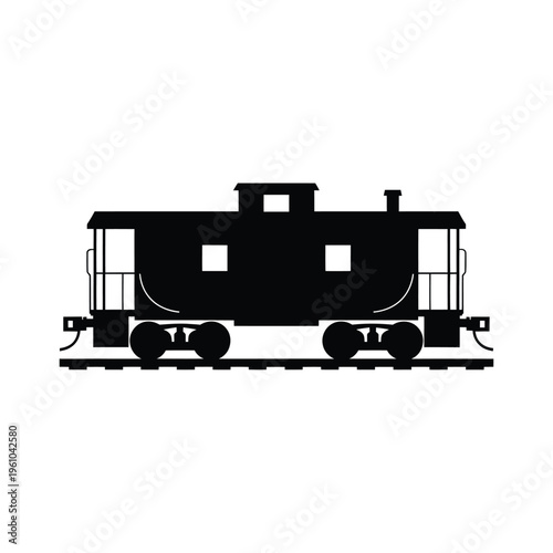 Simple black silhouette of a vintage caboose on railway tracks