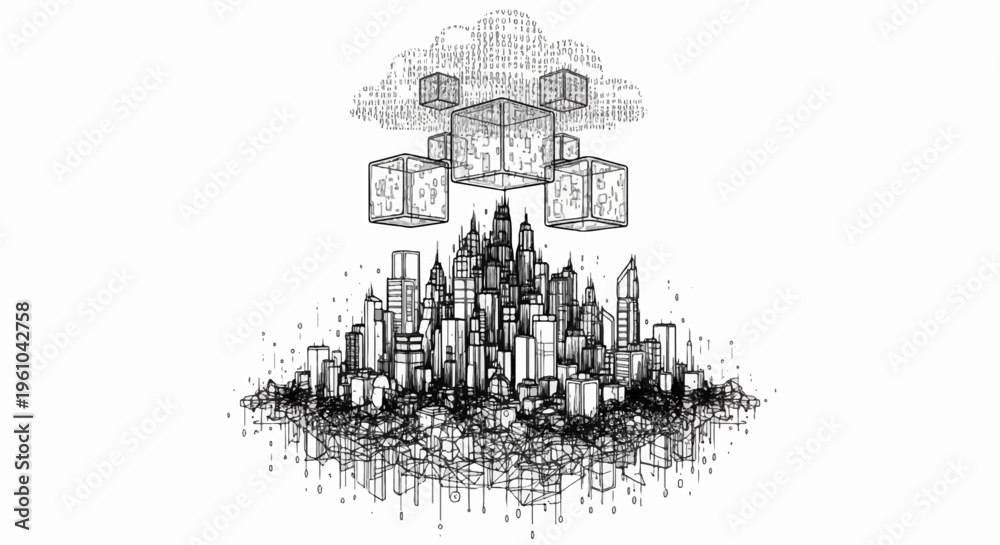 Obraz premium Digital cloud interfaces with abstract wireframe city below