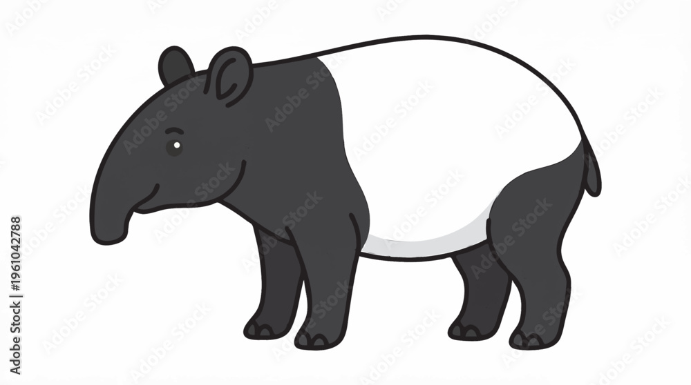 Fototapeta premium Malayan Tapir Black and White Exotic Animal Cartoon Illustration