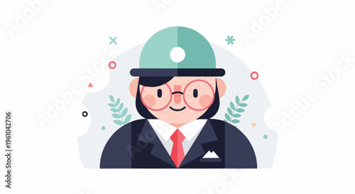 Flat illustration of a smiling person in a suit and hat