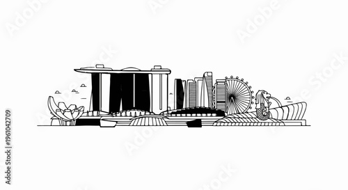 Black and white line drawing of a cityscape with iconic buildings and structures