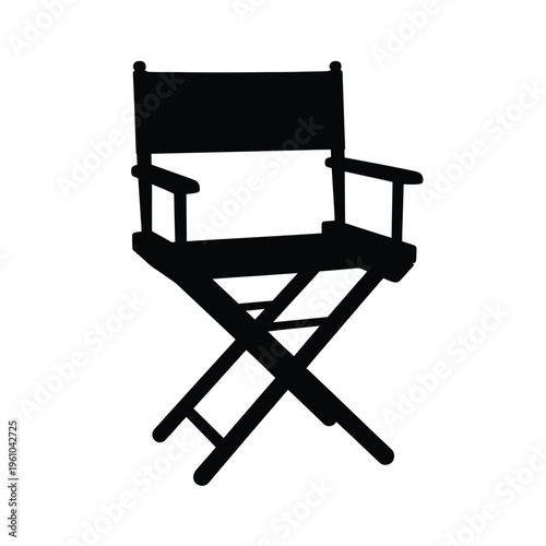 A black silhouette of a director s chair prominently displayed on white