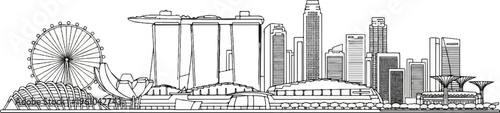 Black and white line drawing of a modern city skyline with iconic landmarks