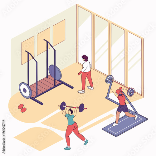 People working out in a gym with weights
