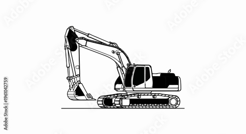 Black and white line drawing of a tracked excavator with its bucket extended