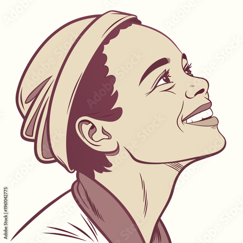 A smiling woman wearing a headscarf