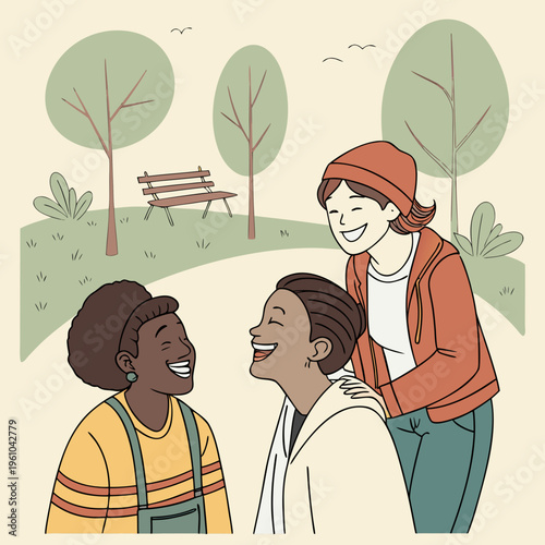 Three friends laughing and smiling together in a park
