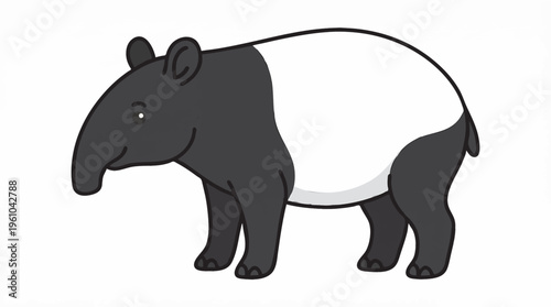 Malayan Tapir Black and White Exotic Animal Cartoon Illustration