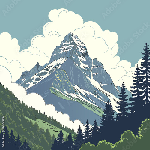 A large snow capped mountain behind trees and clouds