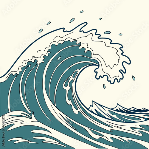 A large wave crashes with white foam and blue water