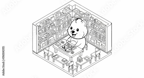 Cheerful cartoon bear playing board game surrounded by bookshelves
