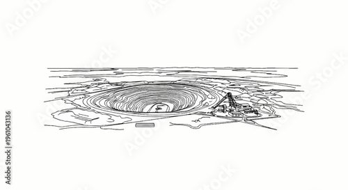 Aerial view sketch of a vast open-pit mine with terraced sides