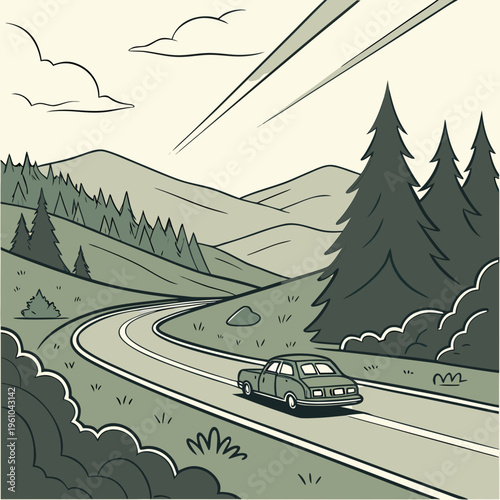 A car driving on a winding road through a forest