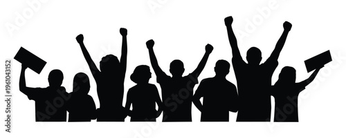 Group of people celebrating with raised fists and signs in silhouette on white background