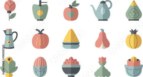Flat design icons of fruits, flowers, and kitchenware in pastel colors