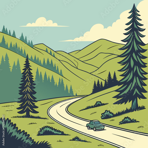 A winding road through a green mountainous landscape