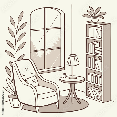 Cozy reading nook with chair and bookshelf