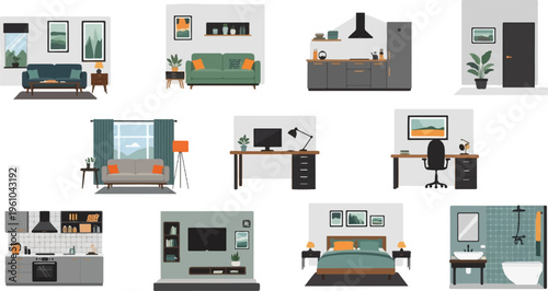 Collage of cozy interior scenes including living rooms, kitchens, bedrooms, and bathrooms