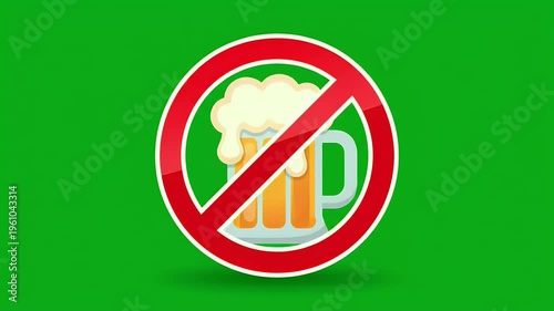 A red prohibition circle with a diagonal line crosses over a foamy golden drink in a glass on green