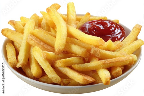 Golden french fries and ketchup in a white bowl isolated