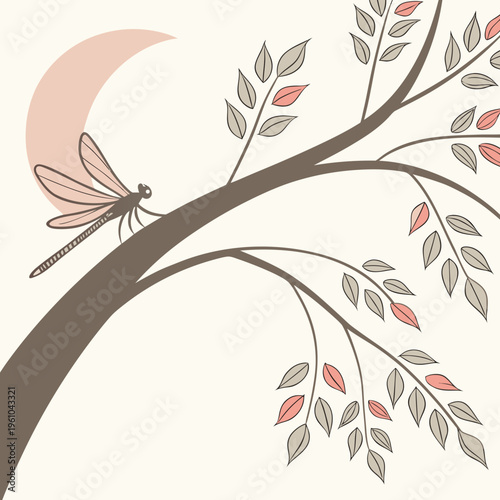 A dragonfly sits on a tree branch under a crescent moon