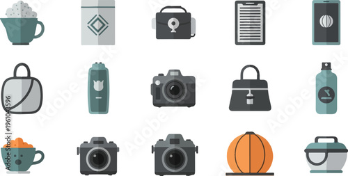 Collection of everyday objects and accessories, including bags, cameras, and food