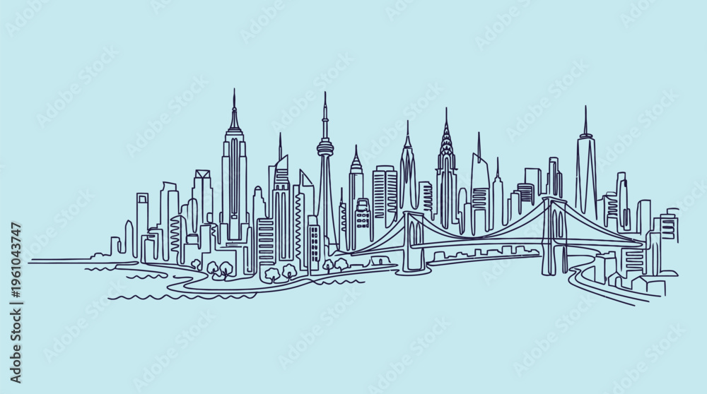 Fototapeta premium City Skyline Continuous Line Vector Illustration