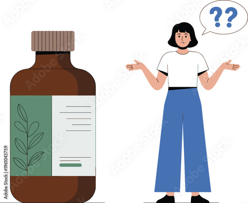 Woman questioning organic product with plant-based label vector illustration for wellness and healthcare designs