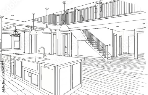 Detailed line drawing of a modern open-plan kitchen with island and staircase