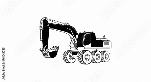 Detailed outline of a heavy-duty wheeled excavator with a large bucket