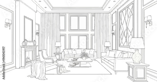 Elegant living room with fireplace, sofas, windows, and ornate decor