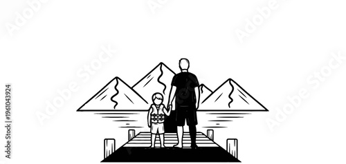 Father and child on dock looking at mountains over water
