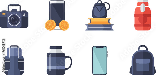 Flat design icons for camera, phone, books, backpack, drink bottles, and a mug